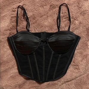 Satin Black Mesh Bustier Corset Bra CropTop sexy zippered MEDIUM holiday festive